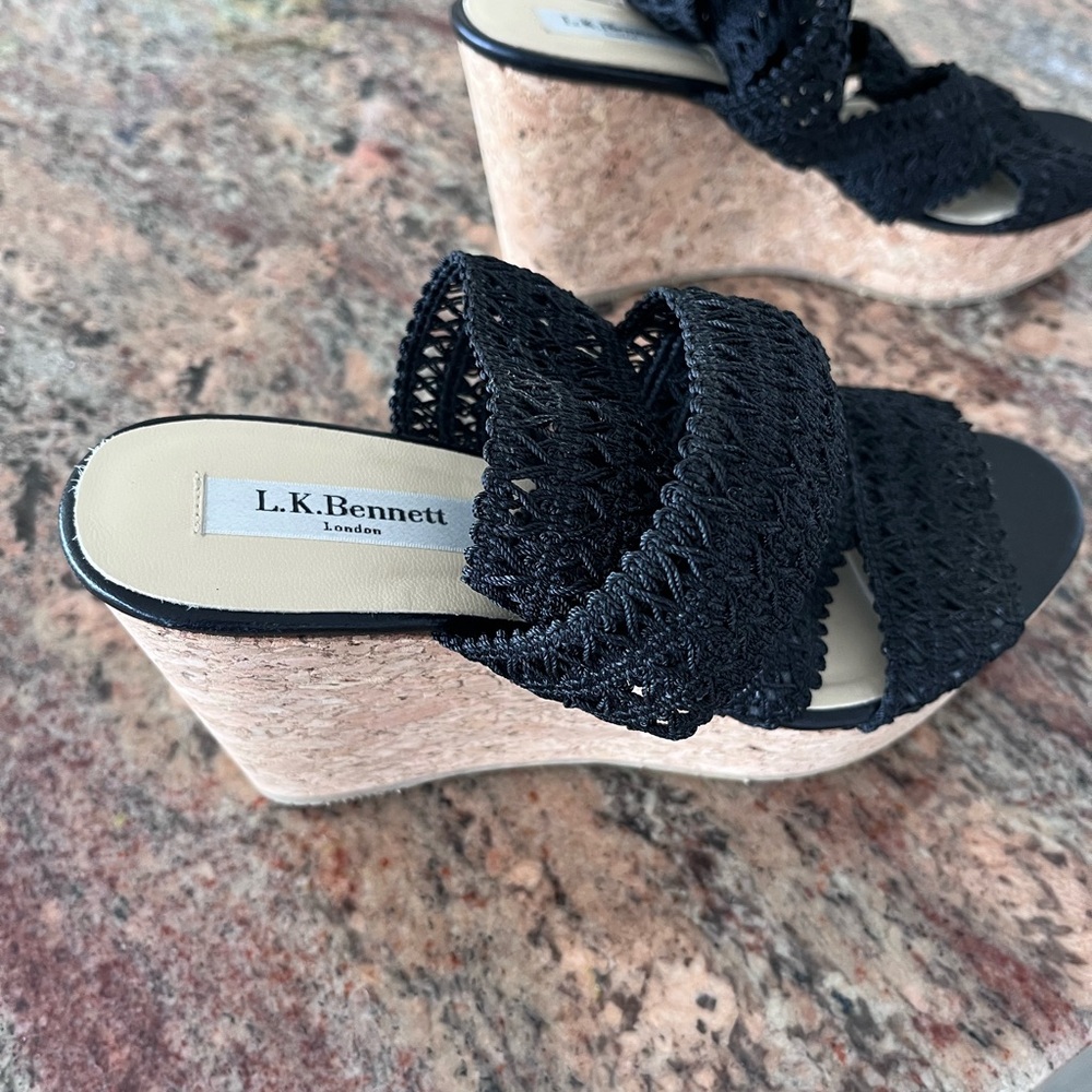 L.K. Bennett Black Wedge Shoes with Cork Heel. Size 38